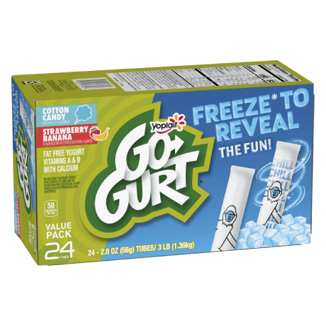 Yoplait Go-GURT 24 Count Cotton Candy & Strawberry Banana Yogurt Tubes, front of product.