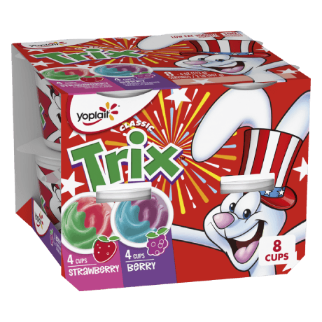 Carton of Yoplait Trix Yogurt in Berry and Strawberry flavor, front of product.