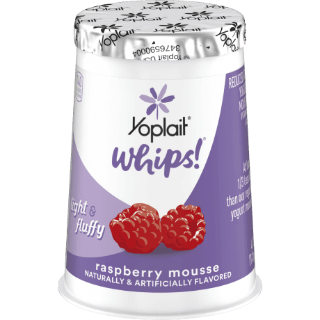 Yoplait whips raspberry mousse, front of package.