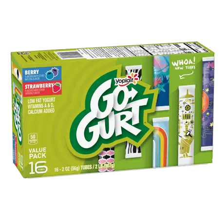 Yoplait Go-GURT 16 Count Berry & Strawberry Yogurt Tubes, front of product.