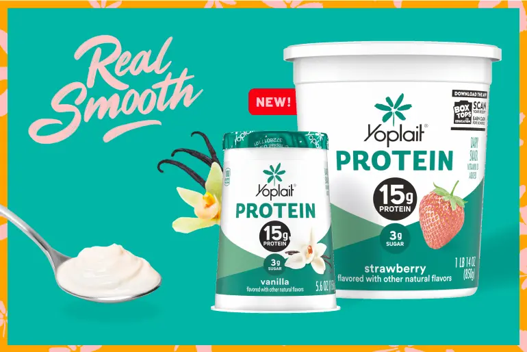Real Smooth Yoplait protein strawberry yogurt tub and Yoplait protein vanilla yogurt single serve, front of package