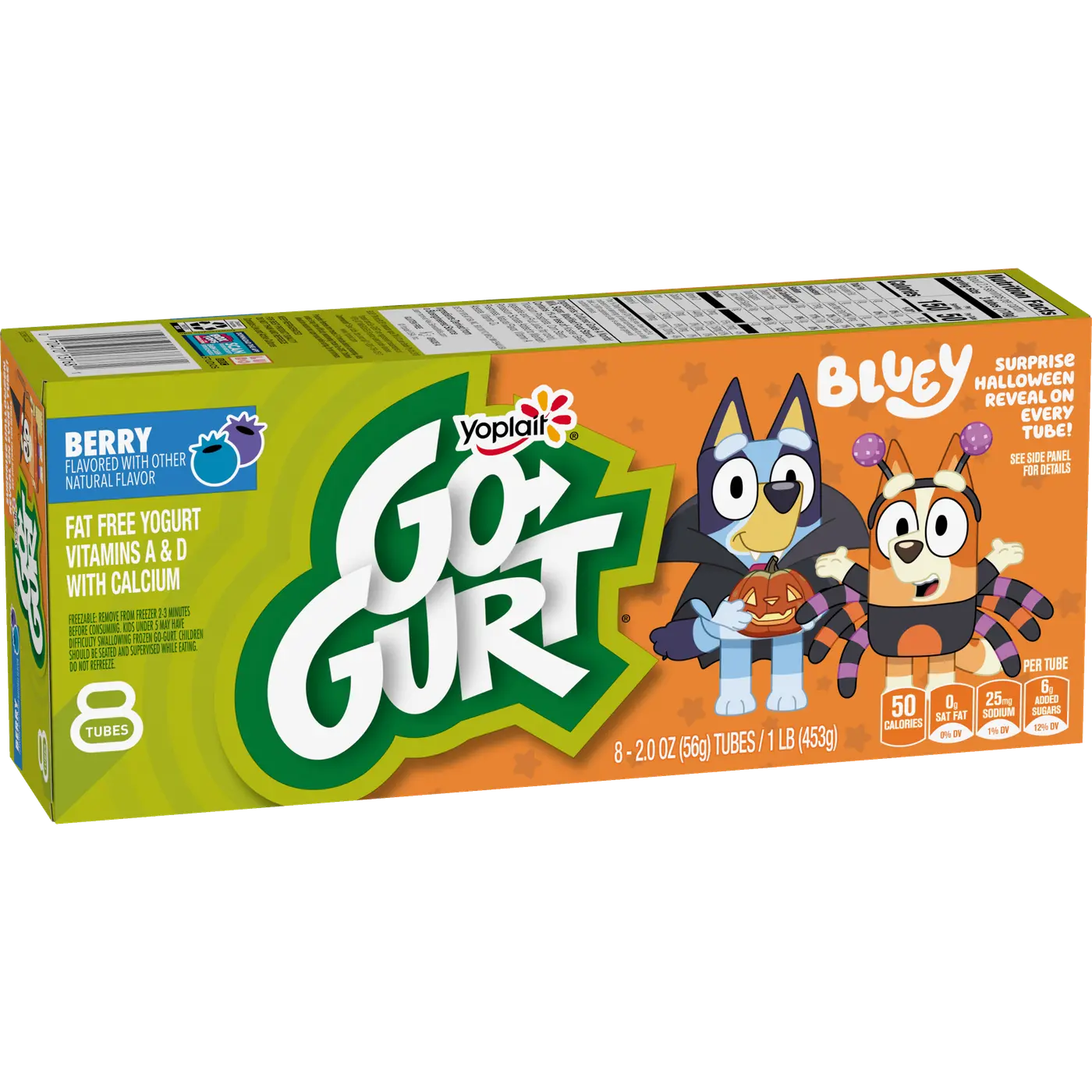 Go-GURT Bluey Kids Fat Free Yogurt, Berry, Halloween Snacks, Gluten Free, 1 lb (8 Tubes), front of package