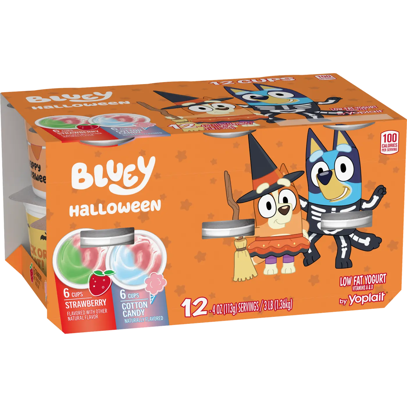 Yoplait Bluey Halloween Kids Yogurt Variety Pack, Strawberry and Cotton Candy, Gluten Free, 12 Yogurt Cups, front of package