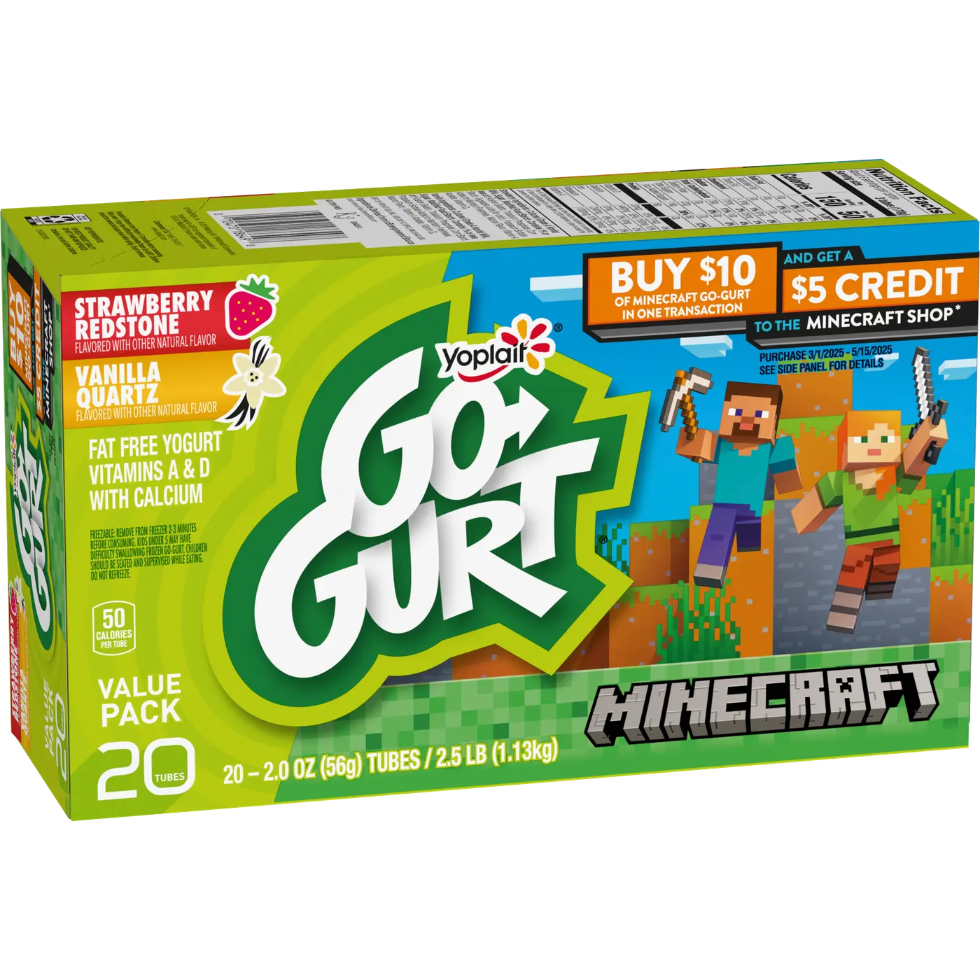 Go-GURT Minecraft Strawberry Redstone and Vanilla Quartz Kids Fat Free Yogurt Variety Pack, Gluten Free, 2 oz Yogurt Tubes (20 Count), front of package