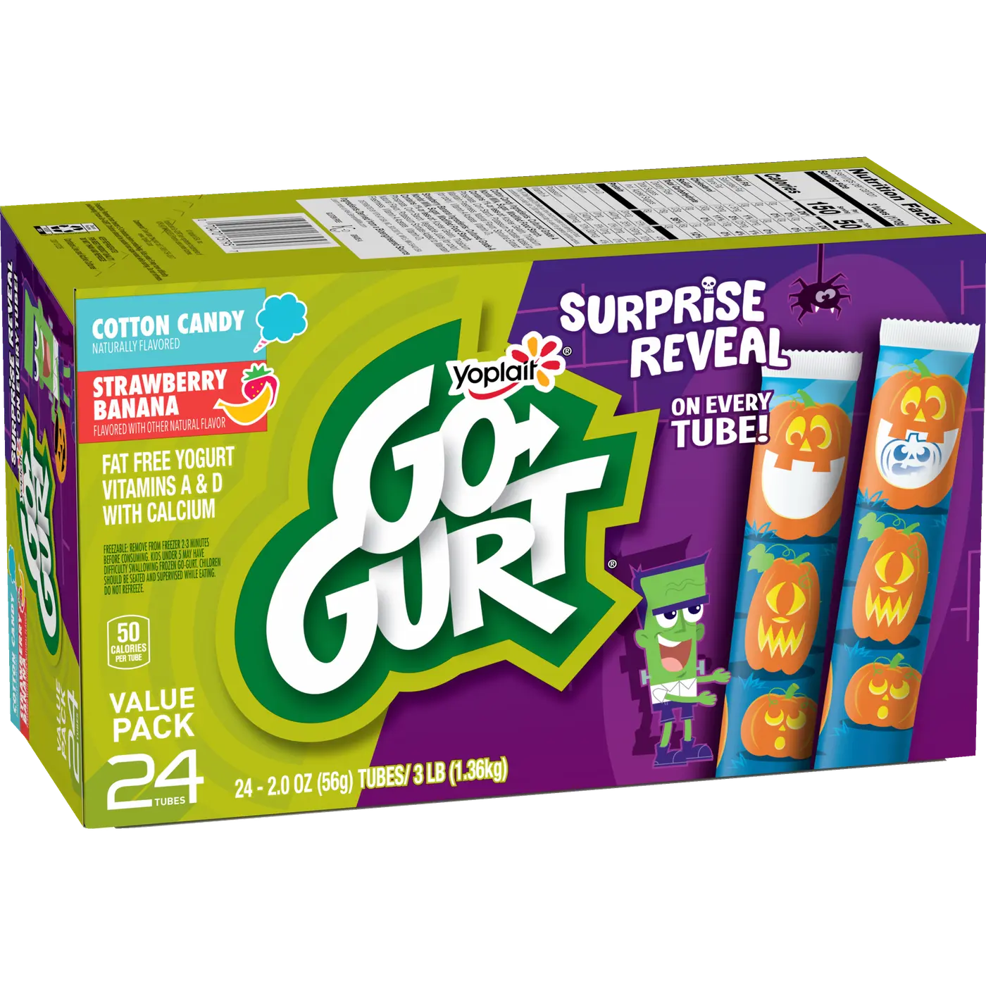 Go-GURT Cotton Candy and Strawberry Banana Kids Fat Free Yogurt Variety Pack, Gluten Free, 2 oz Yogurt Tubes (24 Count), front of package