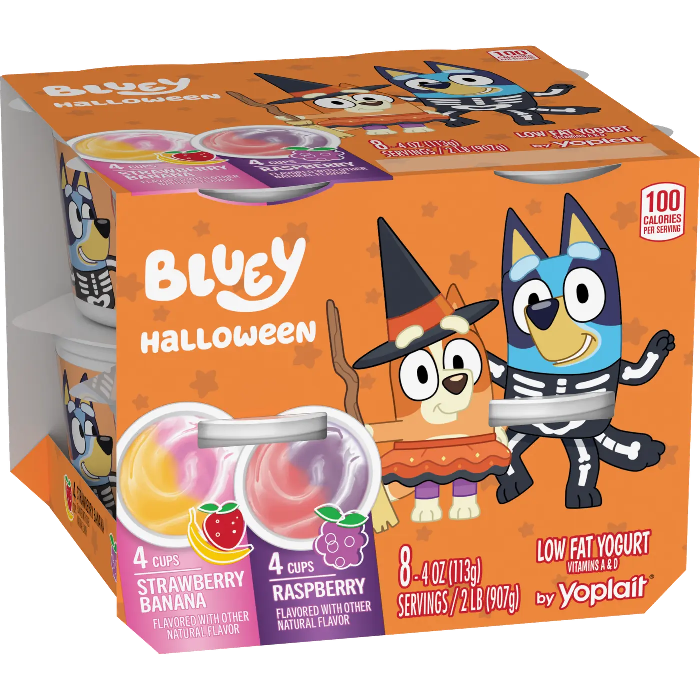Yoplait Bluey Halloween Kids Yogurt Variety Pack, Strawberry Banana and Raspberry, Gluten Free, 8 Yogurt Cups, front of package