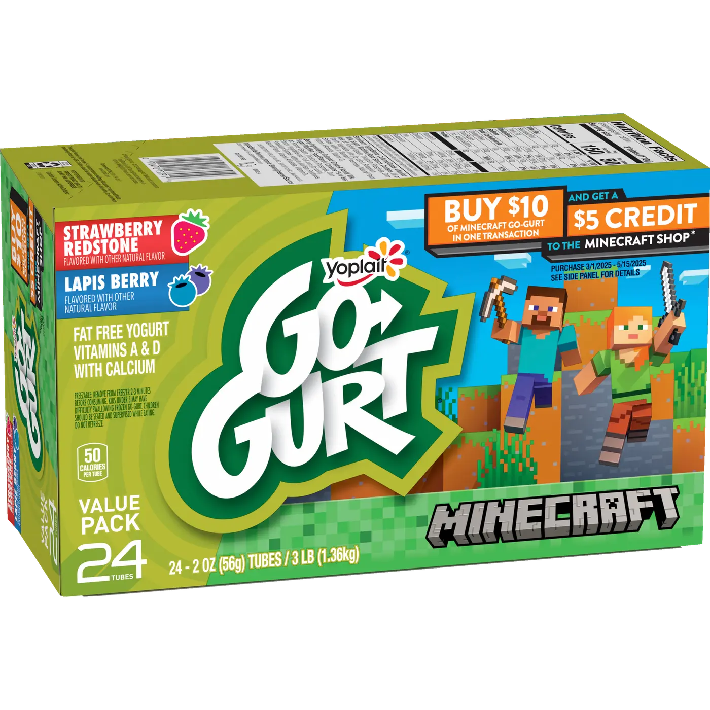 Go-GURT Minecraft Strawberry Redstone and Lapis Berry Kids Fat Free Yogurt Variety Pack, Gluten Free, 2 oz Yogurt Tubes (24 Count), front of package