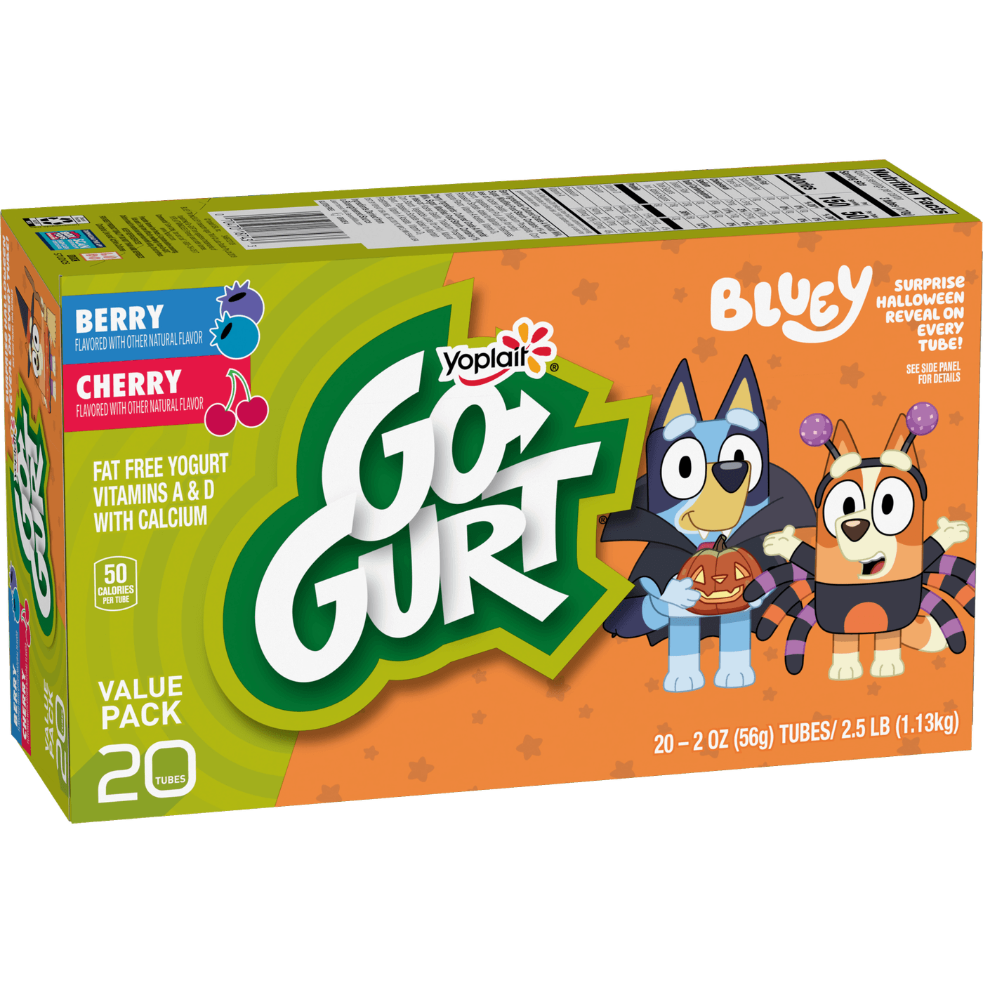 Go-GURT Bluey Kids Yogurt Variety Pack, Berry and Cherry, Halloween Snacks, Gluten Free, Value Pack, 2.5 lbs (20 Tubes), front of package