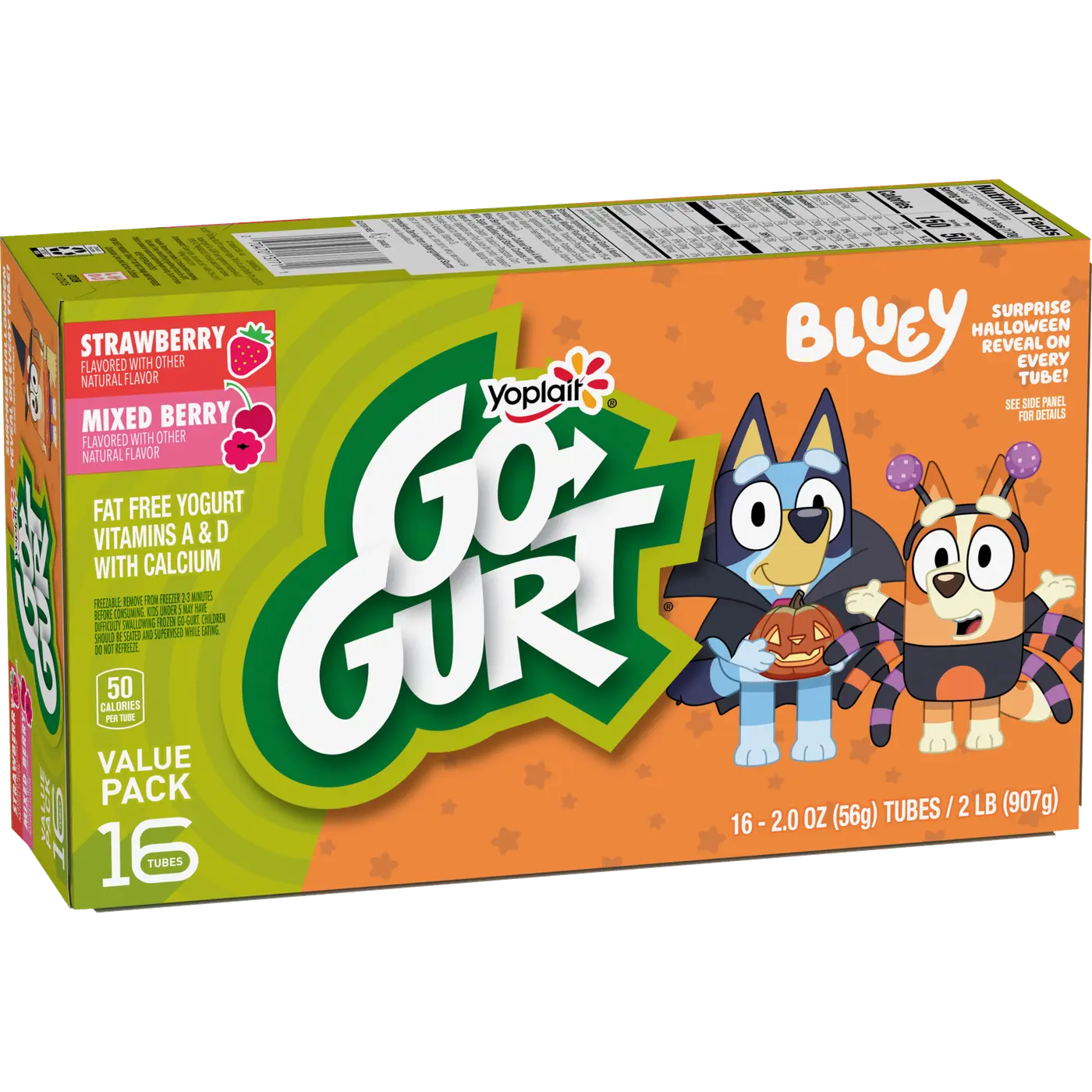 Go-GURT Bluey Kids Yogurt Variety Pack, Strawberry and Mixed Berry, Halloween Snacks, Gluten Free, Value Pack, 2 lbs (16 Tubes), front of package