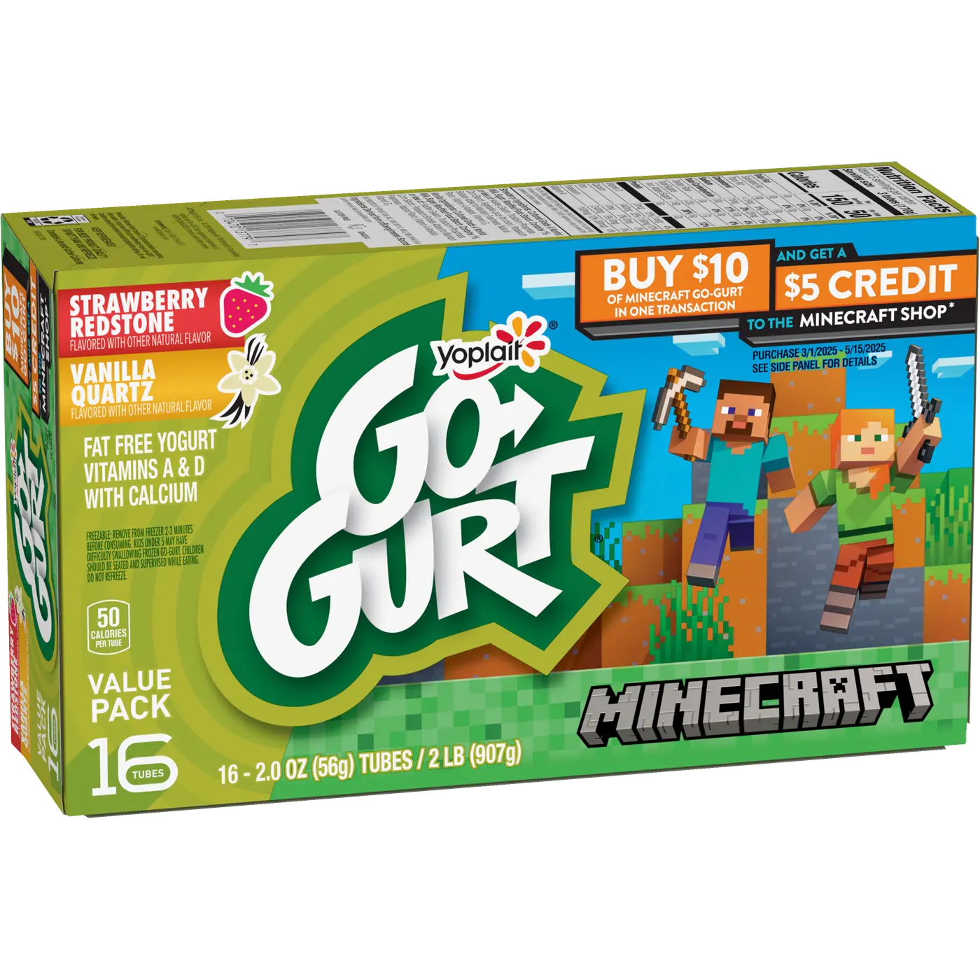 Go-GURT Minecraft Strawberry Redstone and Vanilla Quartz Kids Fat Free Yogurt Variety Pack, Gluten Free, 2 oz Yogurt Tubes (16 Count), front of package
