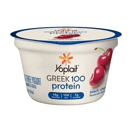 Yoplait Greek 100 Protein Black Cherry Yogurt, front of product.