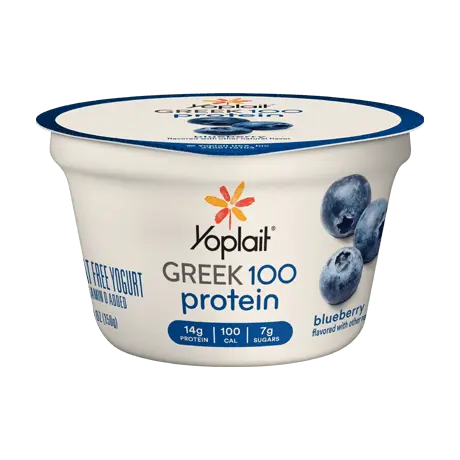 Yoplait Greek 100 Protein Blueberry Yogurt, front of product.