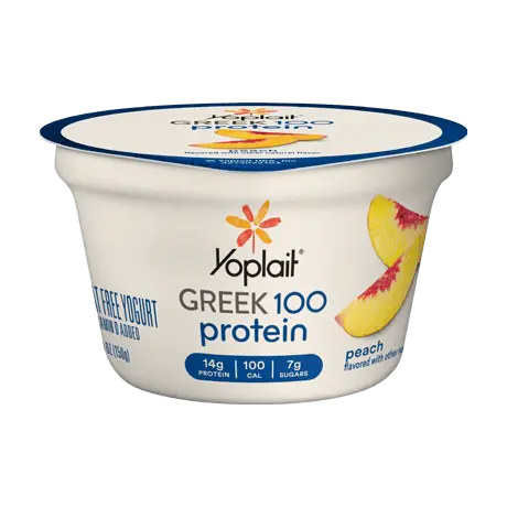 Yoplait Greek 100 Protein Peach Yogurt, front of product.