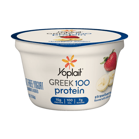 Yoplait Greek 100 Protein Strawberry Banana Yogurt, front of product.