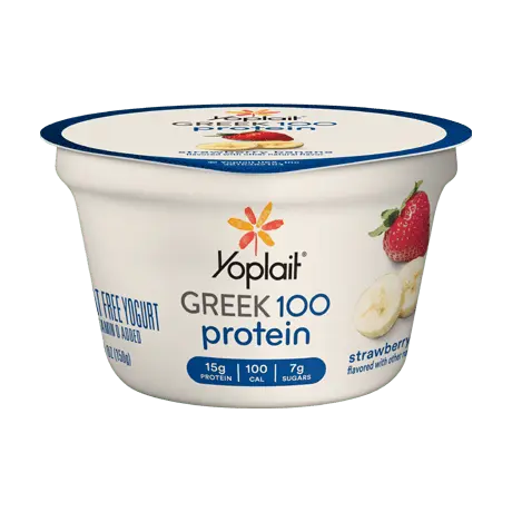 Yoplait Greek 100 Protein Strawberry Banana Yogurt, front of product.