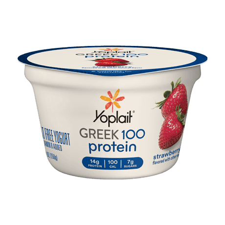 Yoplait Greek 100 Protein Strawberry Yogurt, front of product.