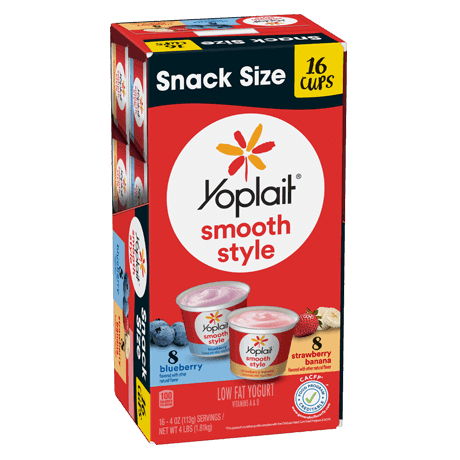 Yoplait Original Snack Size Smooth Style Blueberry & Strawberry Banana, front of product.