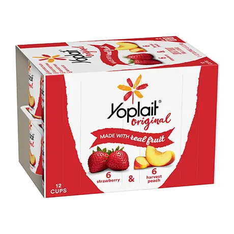 Yoplait Original 12 Count Strawberry & Harvest Peach, front of product.