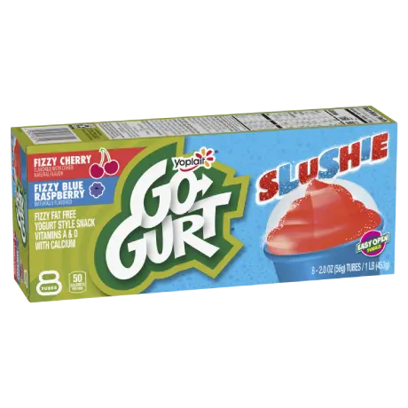 Yoplait Go-GURT 8 Count Slushie Blue Raspberry & Cherry Yogurt Tubes, front of product.