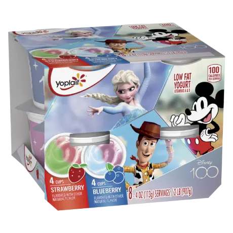 Yoplait kids cup strawberry and blueberry, front of package