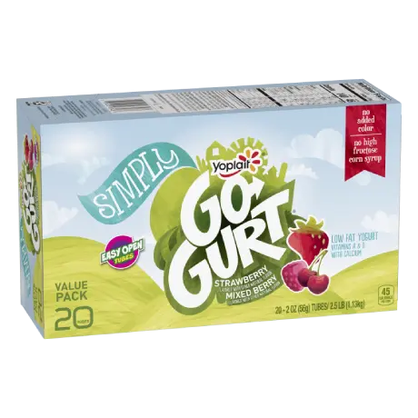 Yoplait Go-GURT 20 Count Simply Strawberry & Mixed Berry Yogurt, front of product.