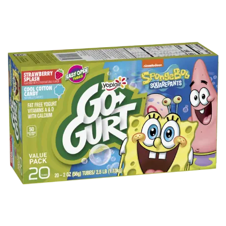 Yoplait Go-GURT 20 Count Cotton Candy and Strawberry Yogurt Tubes, front of product.