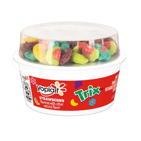 Yoplait Strawberry Kids Yogurt & Trix Cereal Snack, front of product.