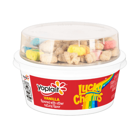 Yoplait Vanilla Kids Yogurt & Lucky Charms Cereal Snack, front of product.