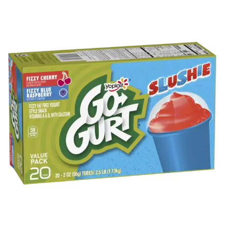 Yoplait Go-GURT 20 Count Slushie Blue Raspberry & Cherry Yogurt Tubes, front of product.
