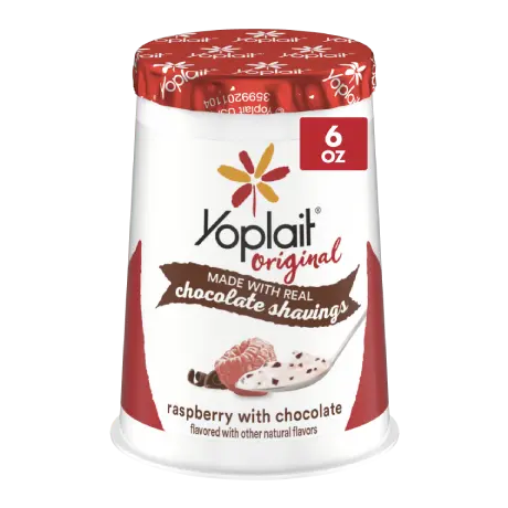 Original Raspberry with Chocolate Shavings Yogurt, front of product.