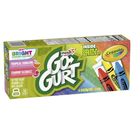 Go-gurt Tropical Sunglow and Strawberry Razzmattazz, front of package