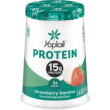 Yoplait protein strawberry banana yogurt single serve, front of package