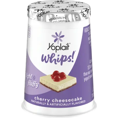 Yoplait whips cherry cheesecake, front of package.