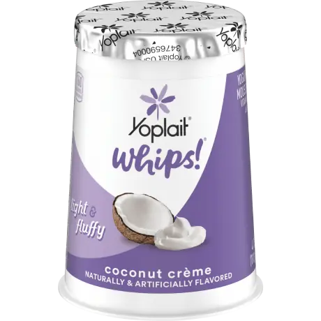 Yoplait whips coconut crème, front of package.