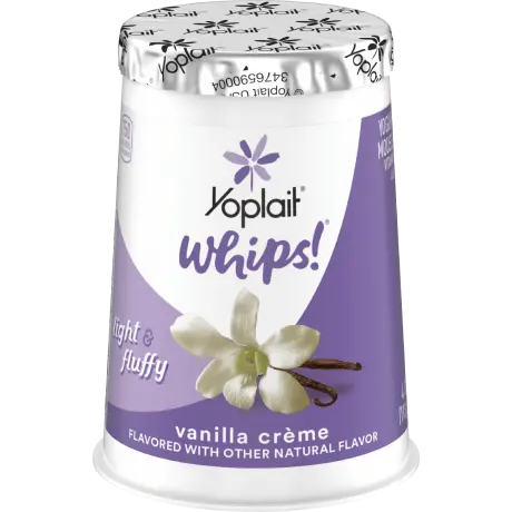 Yoplait whips vanilla crème, front of package.